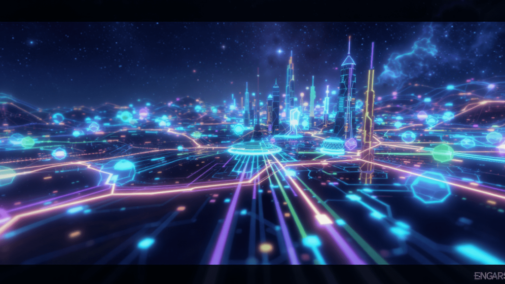 Futuristic cityscape with neon light trails and skyscrapers in blue and pink