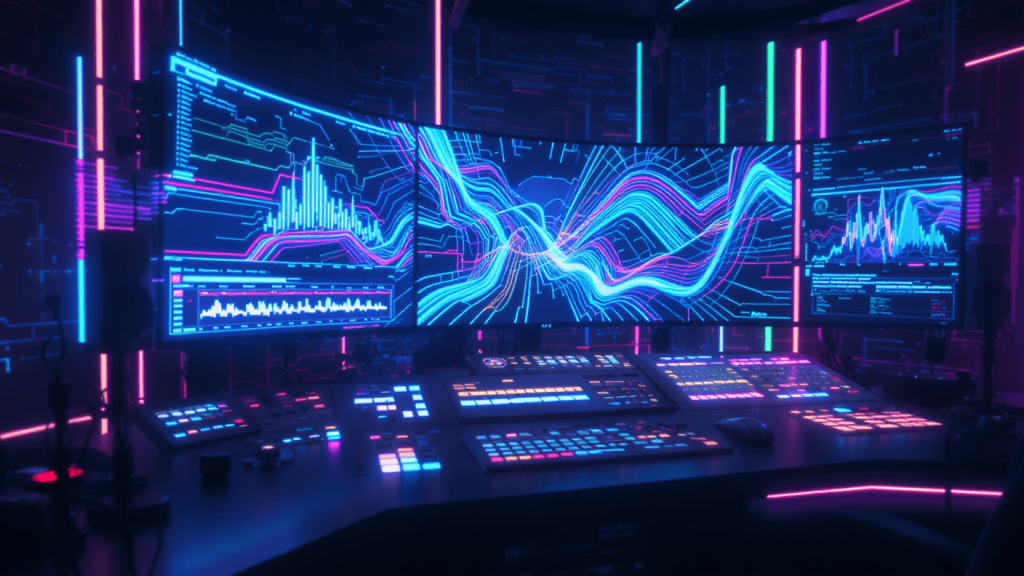 Advanced control room with purple and blue holographic wave data visualization above console