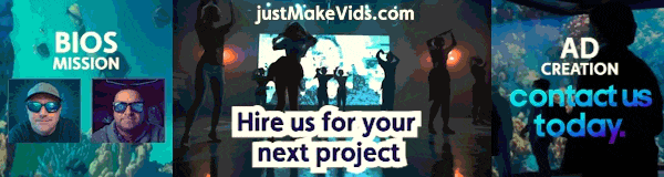 JustMakeVids banner with BIOS Mission and Ad Creation services