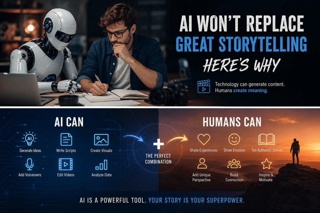 Human content creator collaborating with a humanoid AI robot in a video production studio, illustrating how AI assists content creation while human creativity and storytelling remain essential. Includes a comparison of AI capabilities such as script writing and video editing versus human strengths like emotion, experience, and authentic storytelling.