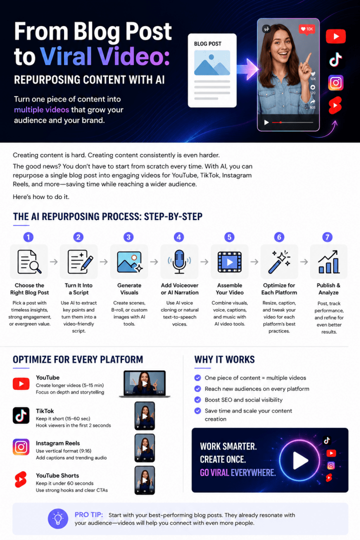 Infographic showing how AI transforms a blog post into videos for YouTube, TikTok, Instagram Reels, and YouTube Shorts. The graphic outlines a seven-step workflow including content selection, script creation, AI-generated visuals, voiceovers, video assembly, platform optimization, and performance analysis.